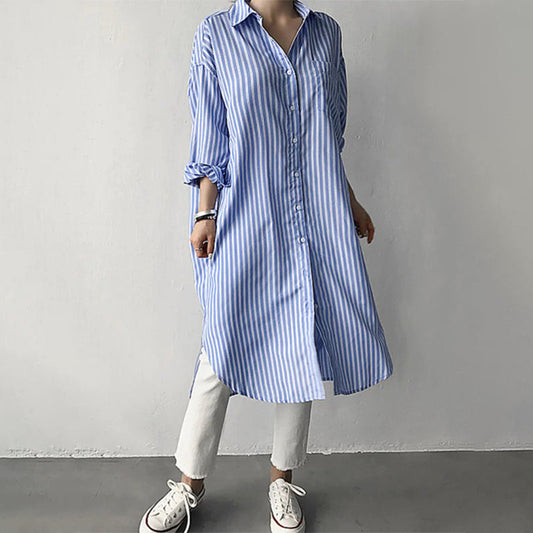 Casual Striped Button Down Tea-Length Dress