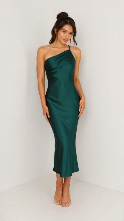 One Shoulder Midi Dress | Seductive Satin Style