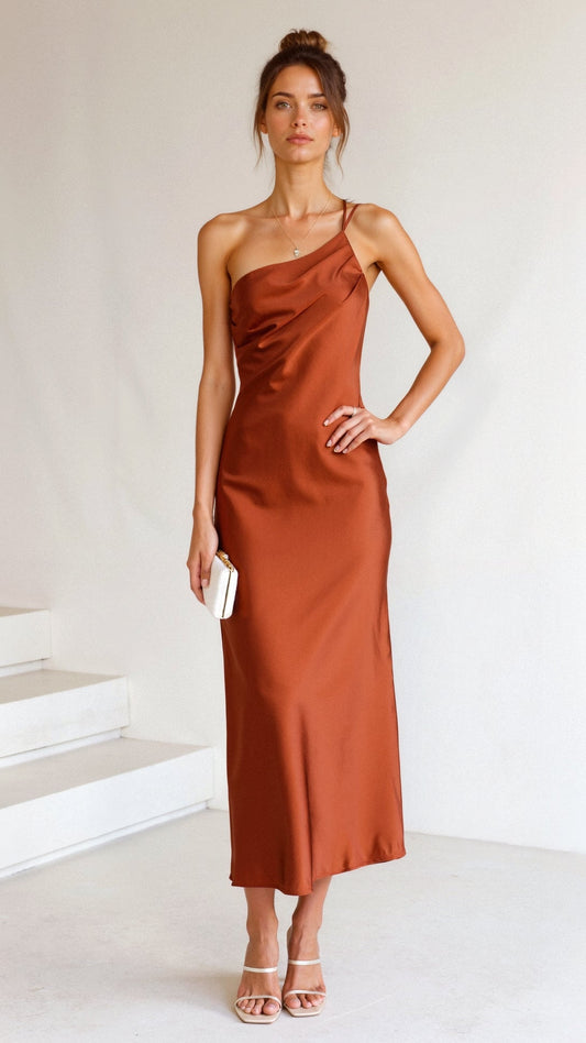 One Shoulder Midi Dress | Seductive Satin Style