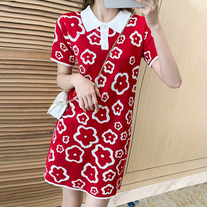 Casual Knitted Floral Polo Shirt Mini Dress