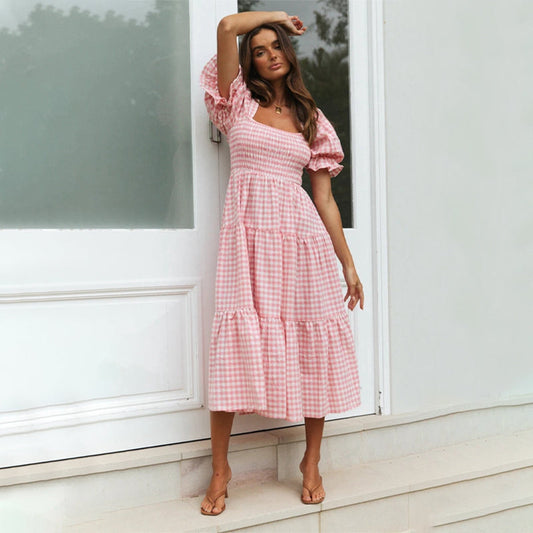 Casual Summer Plaid Print Smocked Dress for Women