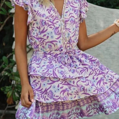 Adorable Purple Floral Mini Summer Dress