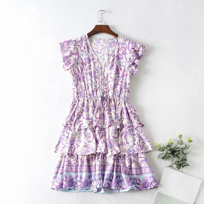 Adorable Purple Floral Mini Summer Dress