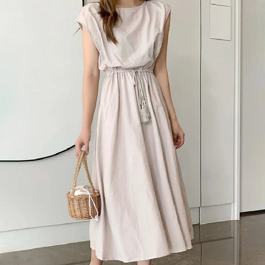 Casual Summer Round Neck Midi Dress with Waist Tie