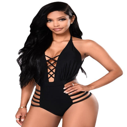 Women Summer Black Backless One Piece Swimsuit Swimwear