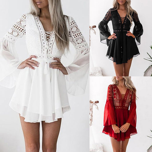 Women’s Summer Bohemian V-Neck Hollow Out Mini Dress